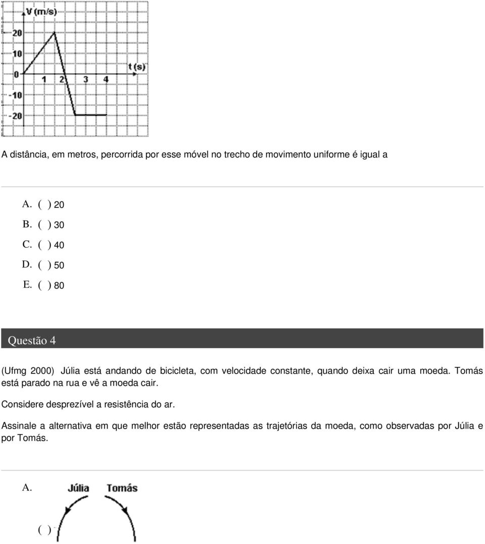 ( ) 80 Questão 4 (Ufmg 2000) Júlia está andando de bicicleta, com velocidade constante, quando deixa cair uma moeda.