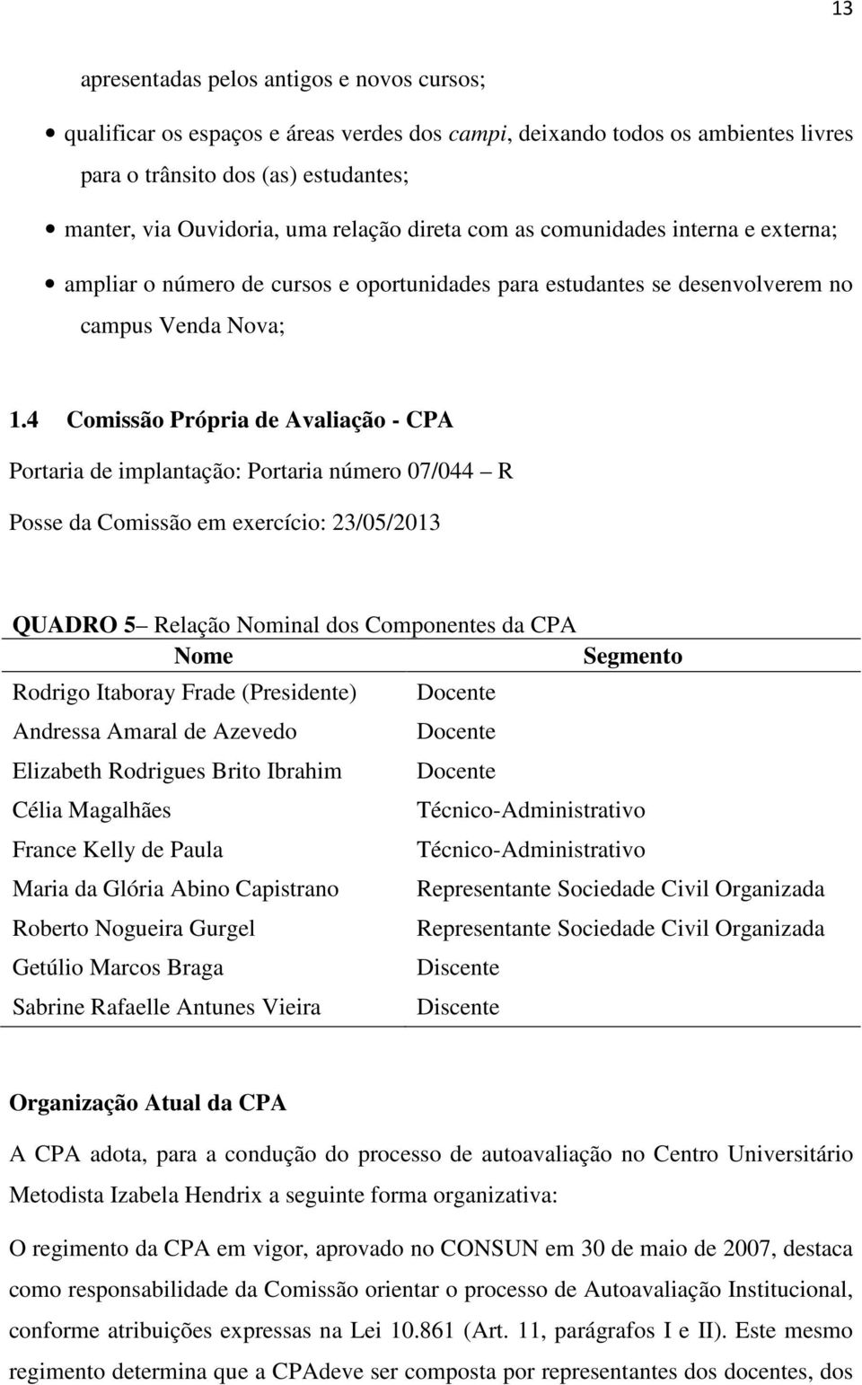 4 Comissão Própria de Avaliação - CPA Portaria de implantação: Portaria número 07/044 R Posse da Comissão em exercício: 23/05/2013 QUADRO 5 Relação Nominal dos Componentes da CPA Nome Rodrigo