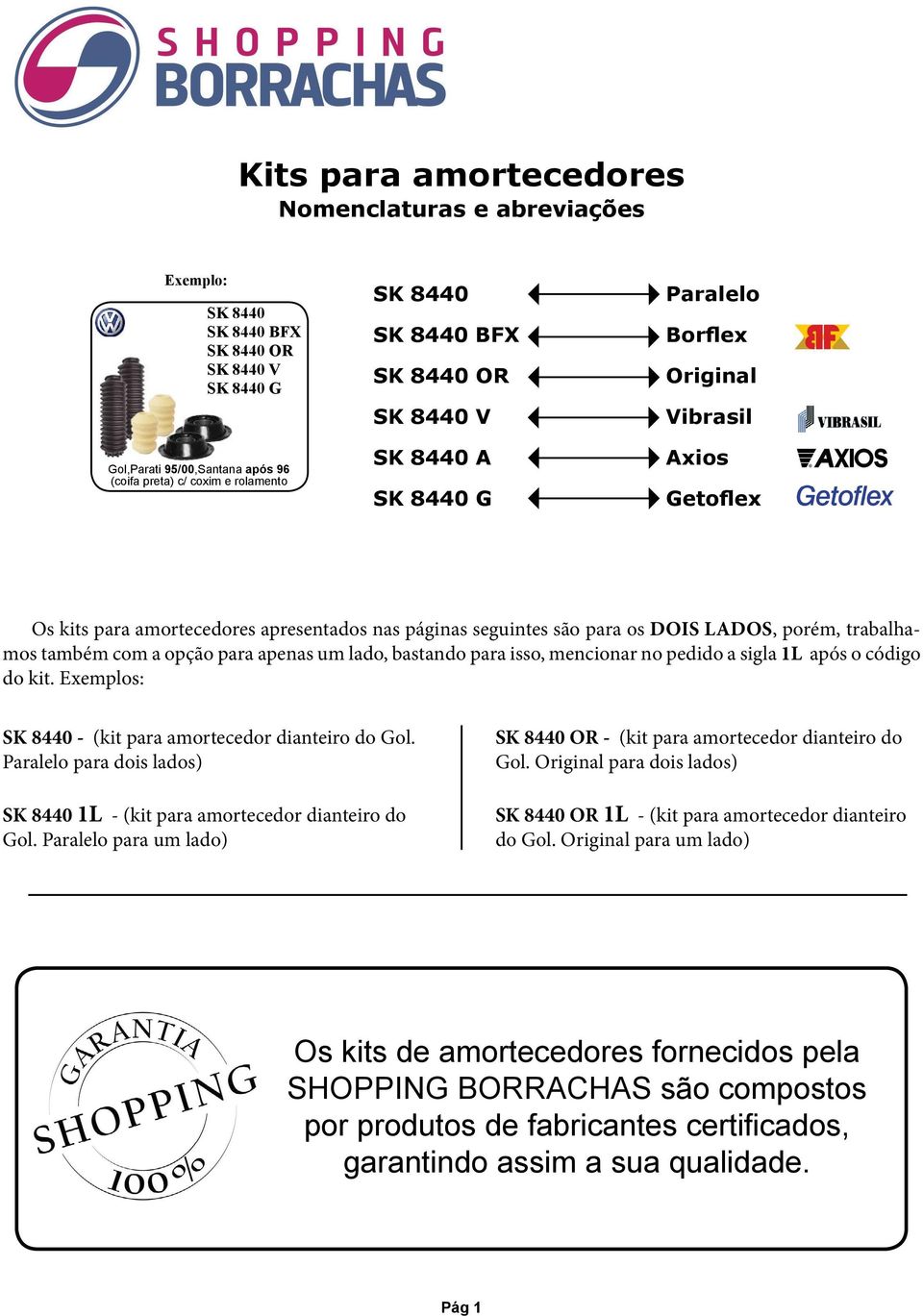 apenas um lado, bastando para isso, mencionar no pedido a sigla 1L após o código do kit. Exemplos: SK 8440 - (kit para amortecedor dianteiro do Gol.