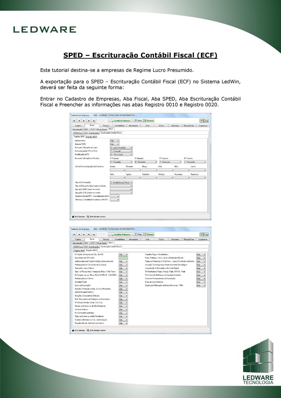 A exportação para o SPED Escrituração Contábil Fiscal (ECF) no Sistema LedWin, deverá ser