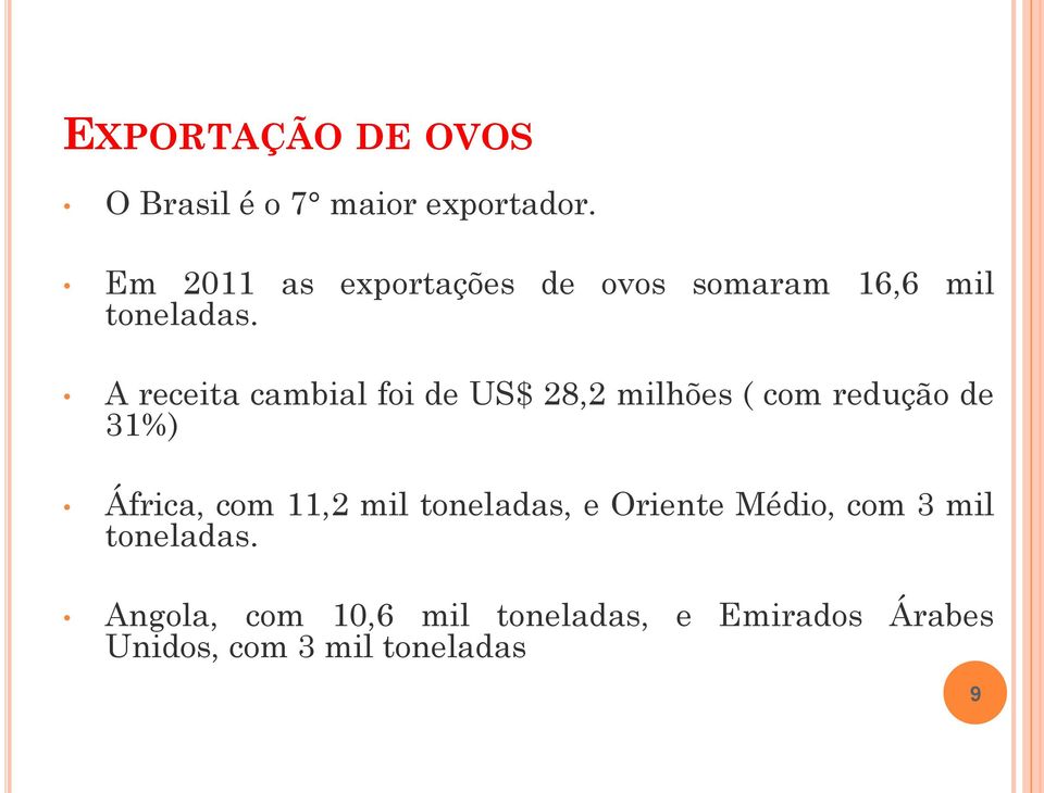 A receita cambial foi de US$ 28,2 milhões ( com redução de 31%) África, com 11,2