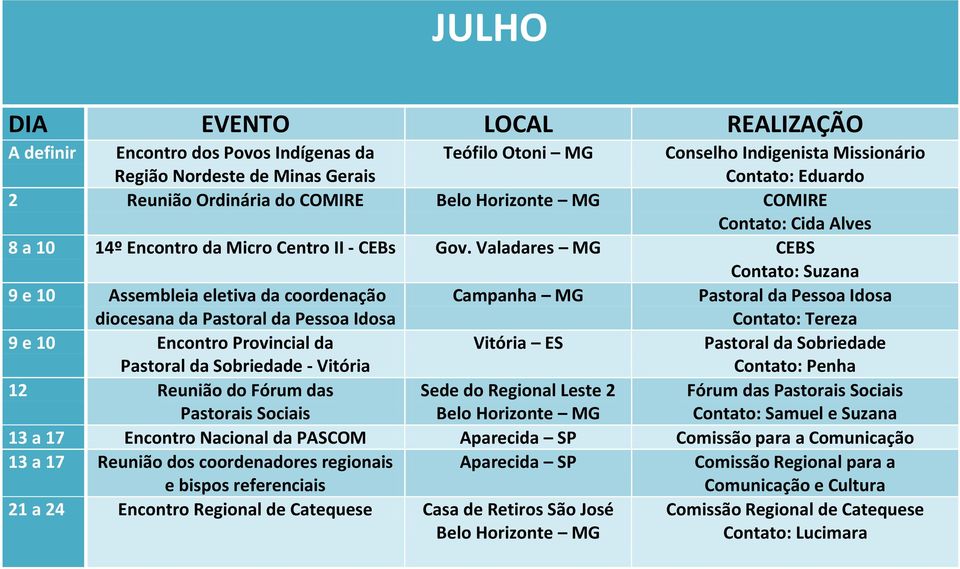 Valadares MG CEBS Contato: Suzana 9 e 10 Assembleia eletiva da coordenação diocesana da Pastoral da Pessoa Idosa Campanha MG Pastoral da Pessoa Idosa Contato: Tereza 9 e 10 Encontro Provincial da -