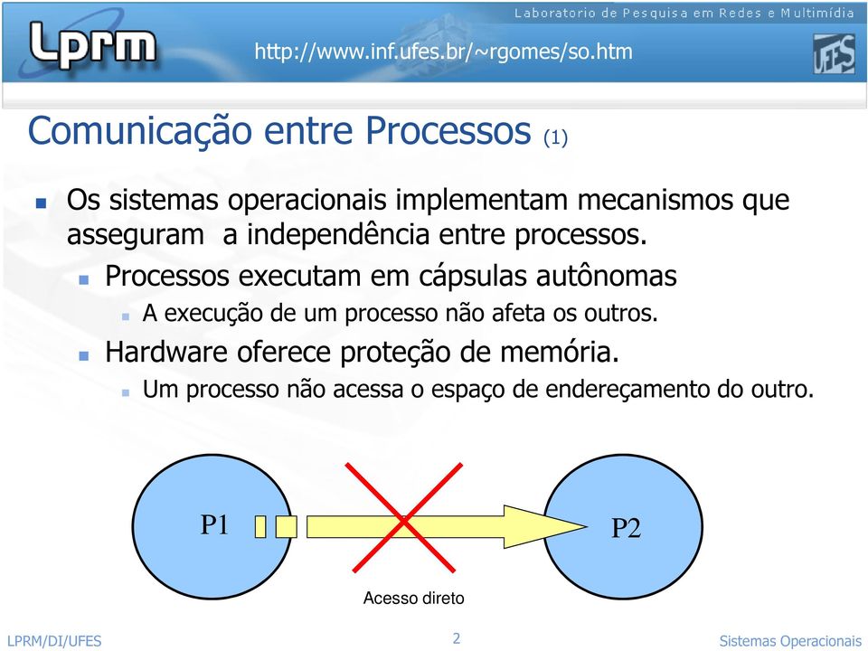 Processos executam em cápsulas autônomas A execução de um processo não afeta os outros.