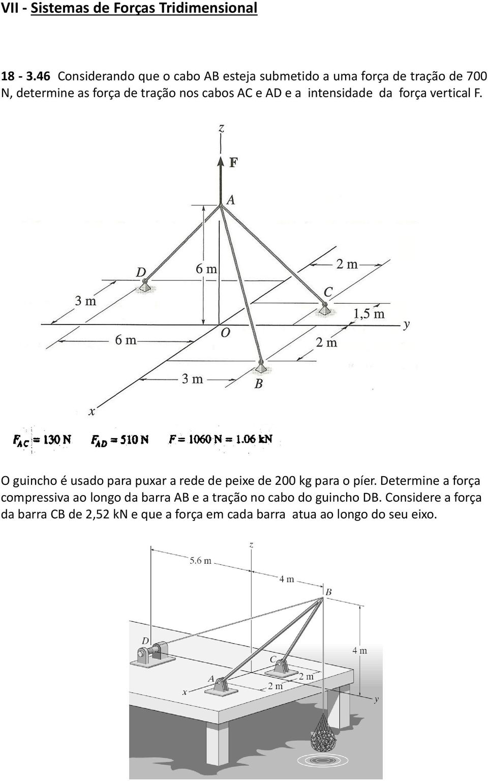 cabos AC e AD e a intensidade da força vertical F.