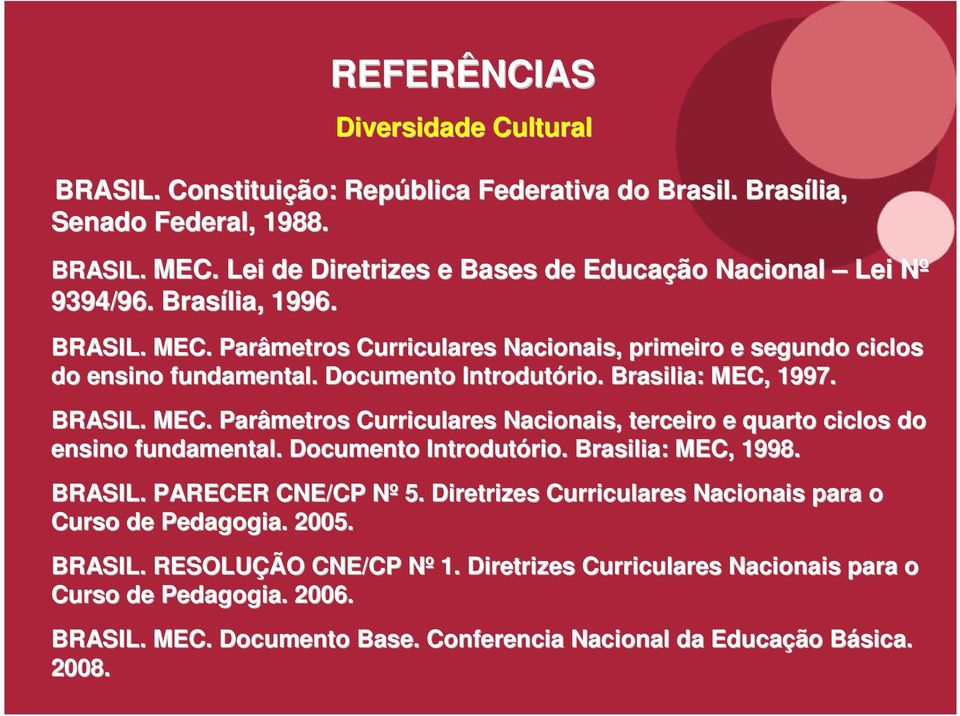 Documento Introdutório. rio. Brasilia: MEC, 1998. BRASIL. PARECER CNE/CP Nº N 5. Diretrizes Curriculares Nacionais para o Curso de Pedagogia. 2005. BRASIL. RESOLUÇÃO CNE/CP Nº N 1.