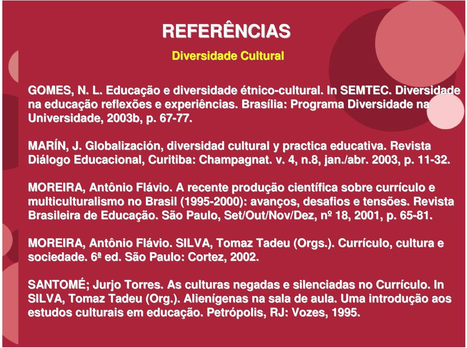 8, jan./abr. 2003, p. 11-32. MOREIRA, Antônio Flávio. A recente produção científica sobre currículo culo e multiculturalismo no Brasil (1995-2000): avanços, desafios e tensões.