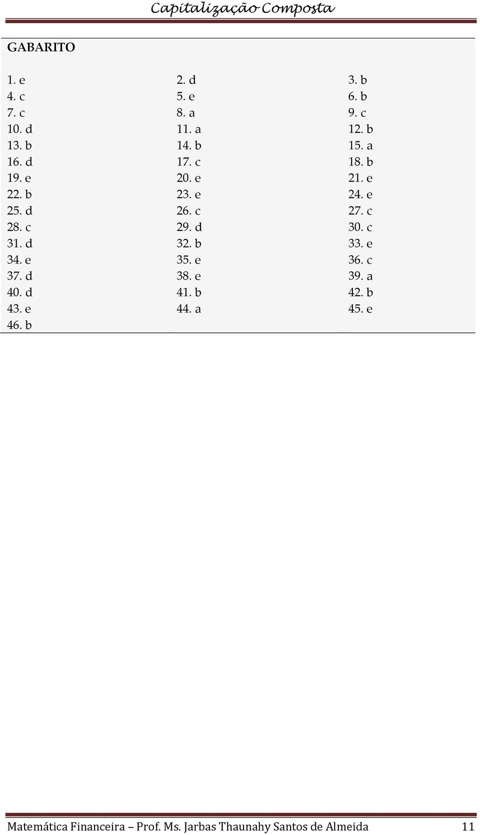 c 29. d 30. c 31. d 32. b 33. e 34. e 35. e 36. c 37. d 38. e 39. a 40. d 41. b 42.