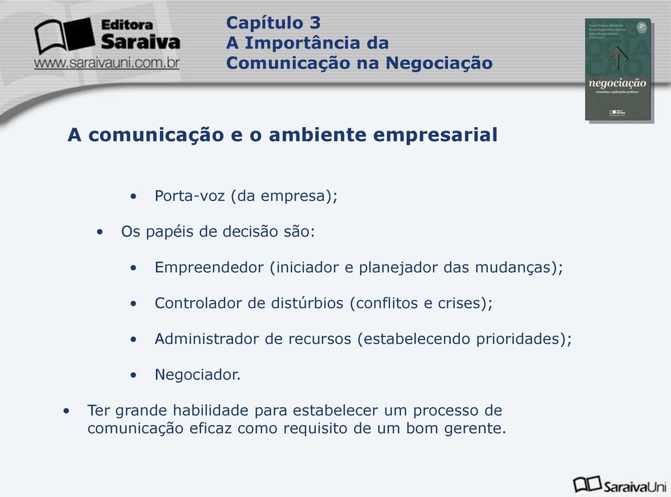 crises); Administrador de recursos (estabelecendo prioridades); Negociador.