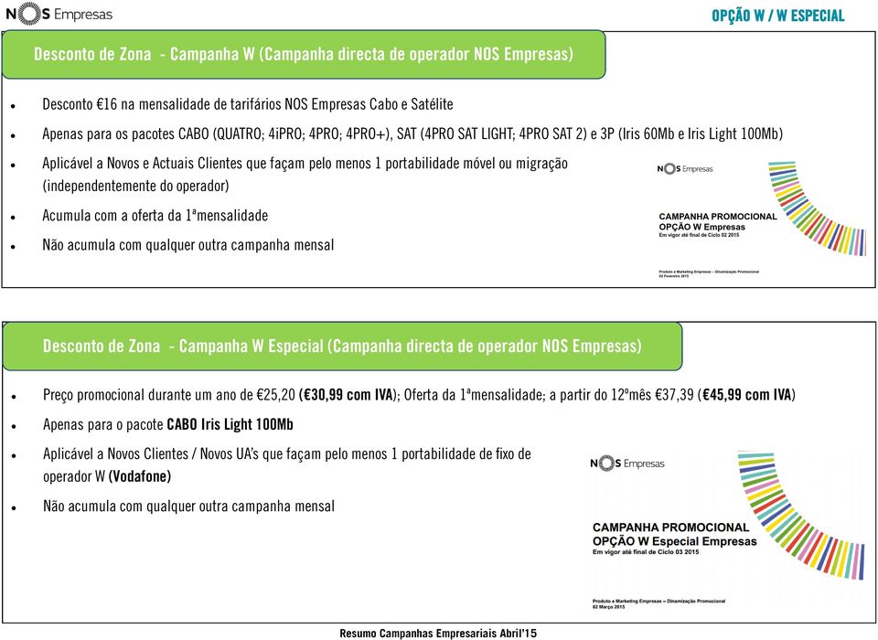 operador) Acumula com a oferta da 1ªmensalidade Não acumula com qualquer outra campanha mensal Desconto de Zona - Campanha W Especial (Campanha directa de operador NOS Empresas) Preço promocional