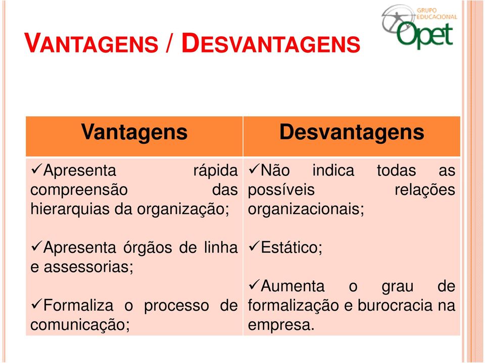 Formaliza o processo de comunicação; Desvantagens Não indica todas as