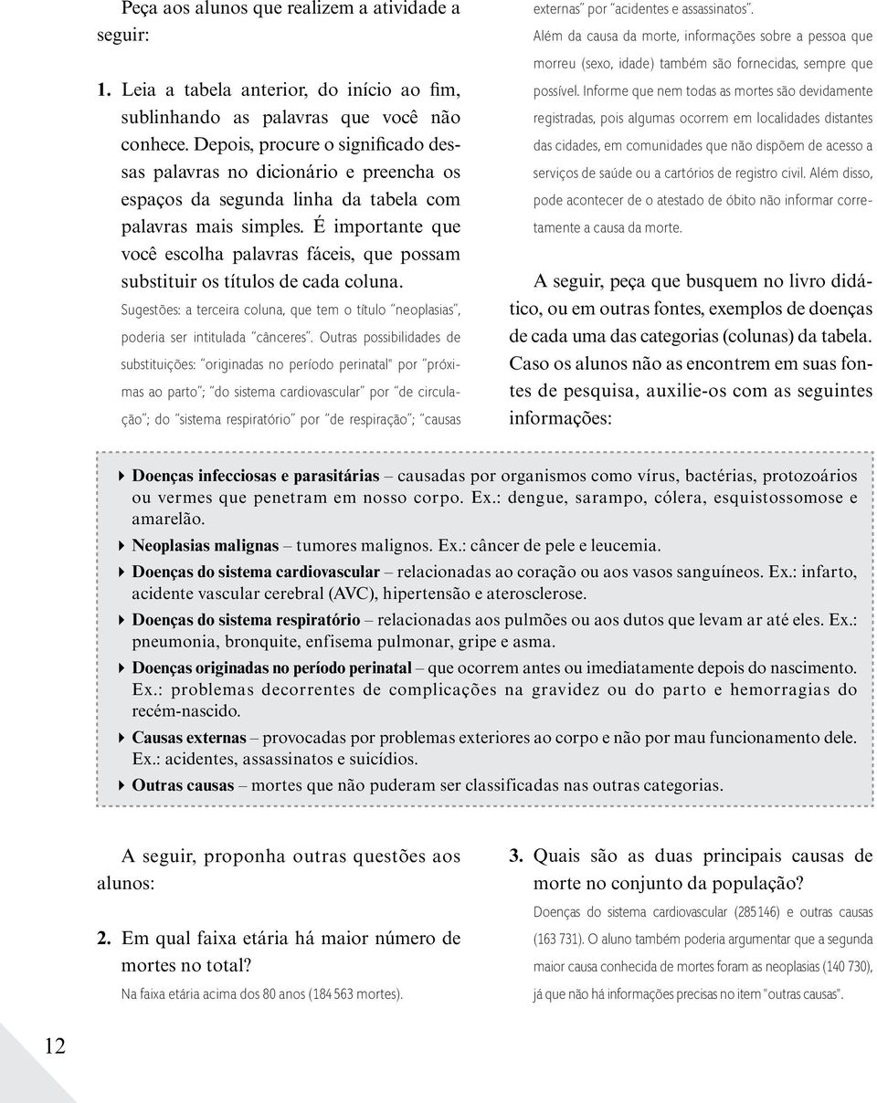 É importante que você escolha palavras fáceis, que possam substituir os títulos de cada coluna. Sugestões: a terceira coluna, que tem o título neoplasias, poderia ser intitulada cânceres.