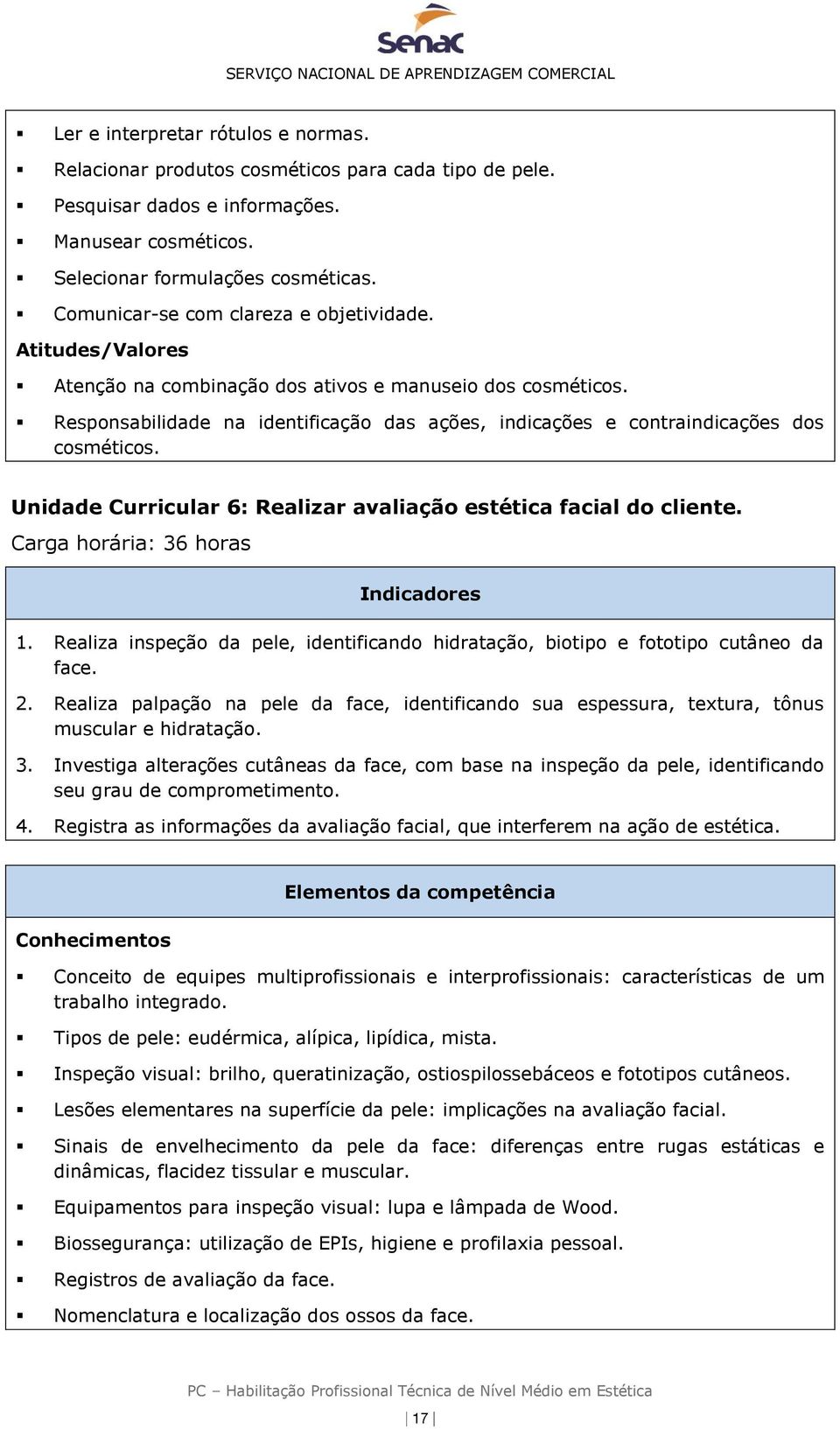 Responsabilidade na identificação das ações, indicações e contraindicações dos cosméticos. Unidade Curricular 6: Realizar avaliação estética facial do cliente. Carga horária: 36 horas Indicadores 1.