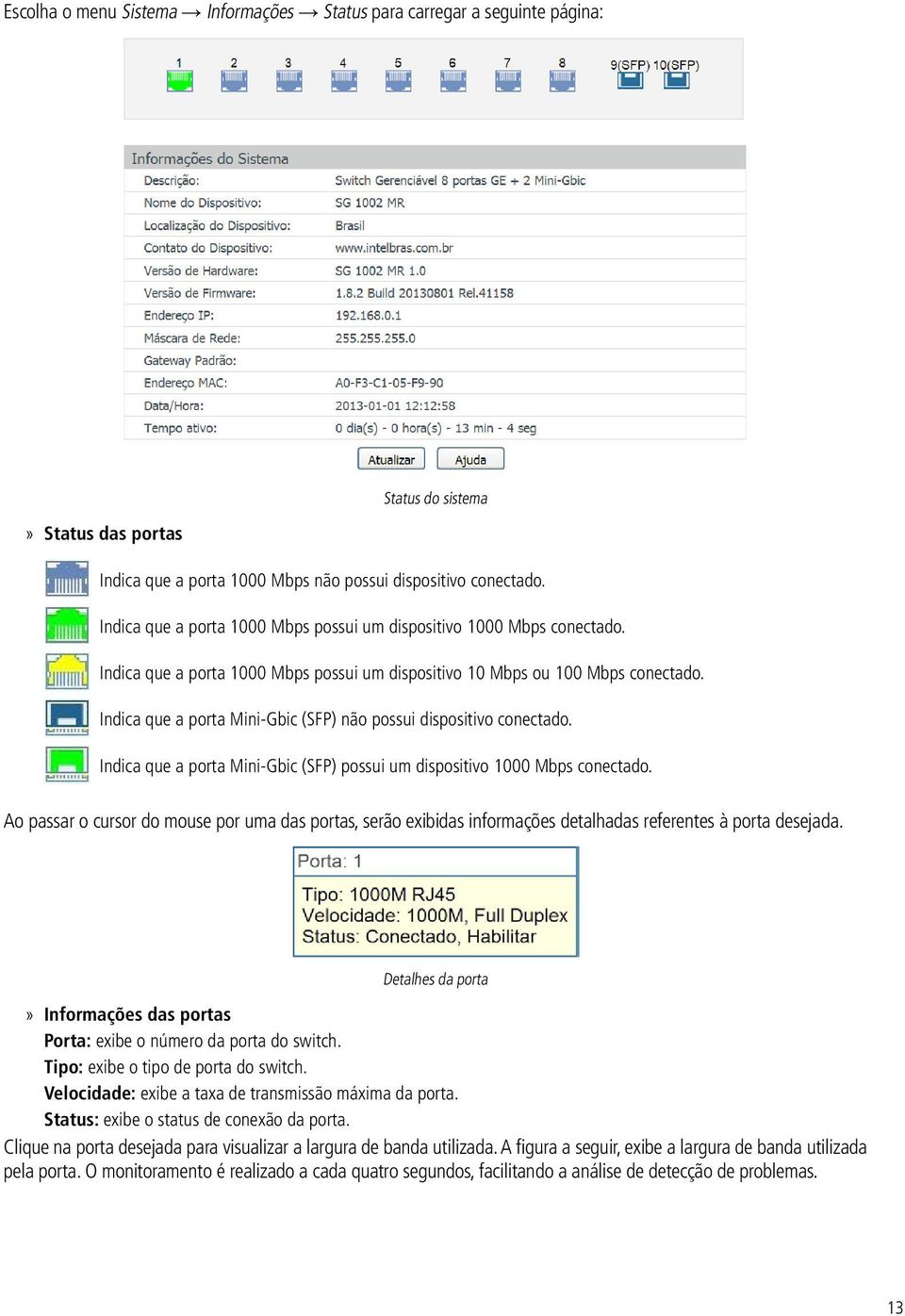 Indica que a porta Mini-Gbic (SFP) não possui dispositivo conectado. Indica que a porta Mini-Gbic (SFP) possui um dispositivo 1000 Mbps conectado.