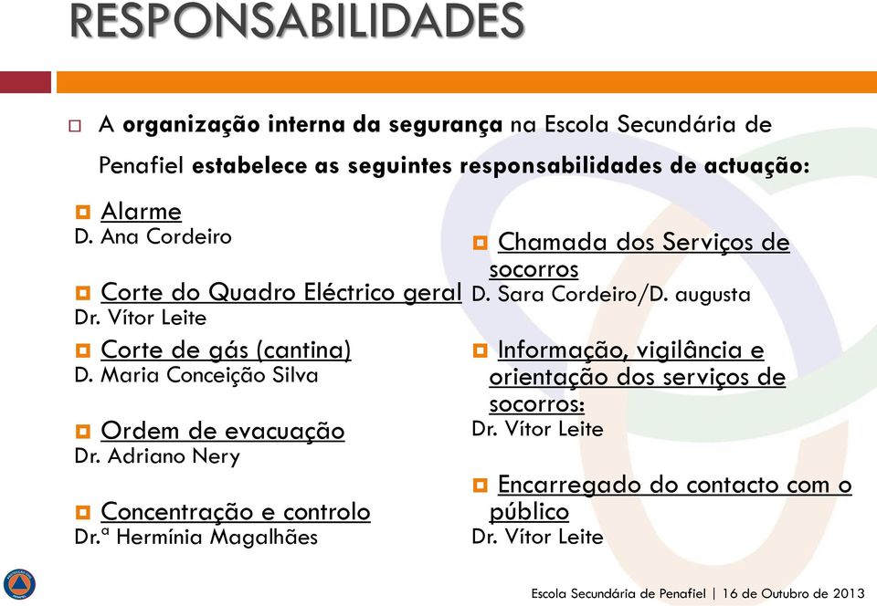 Maria Conceição Silva Ordem de evacuação Dr. Adriano Nery Concentração e controlo Dr.
