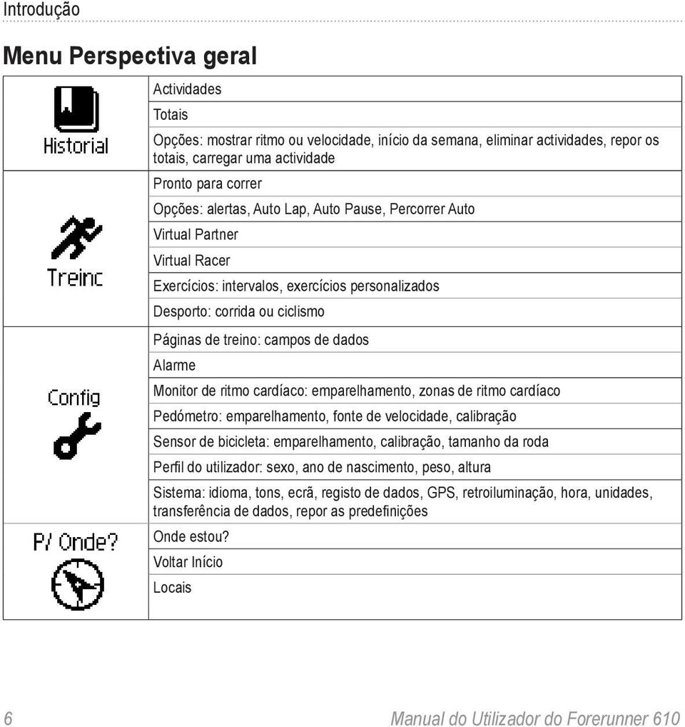 Monitor de ritmo cardíaco: emparelhamento, zonas de ritmo cardíaco Pedómetro: emparelhamento, fonte de velocidade, calibração Sensor de bicicleta: emparelhamento, calibração, tamanho da roda Perfil