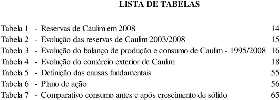 Tabela 4 - Evolução do comércio exterior de Caulim 18 Tabela 5 - Definição das causas fundamentais