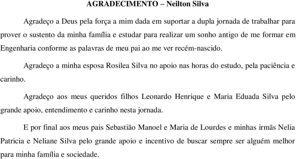 Agradeço a minha esposa Rosilea Silva no apoio nas horas do estudo, pela paciência e carinho.