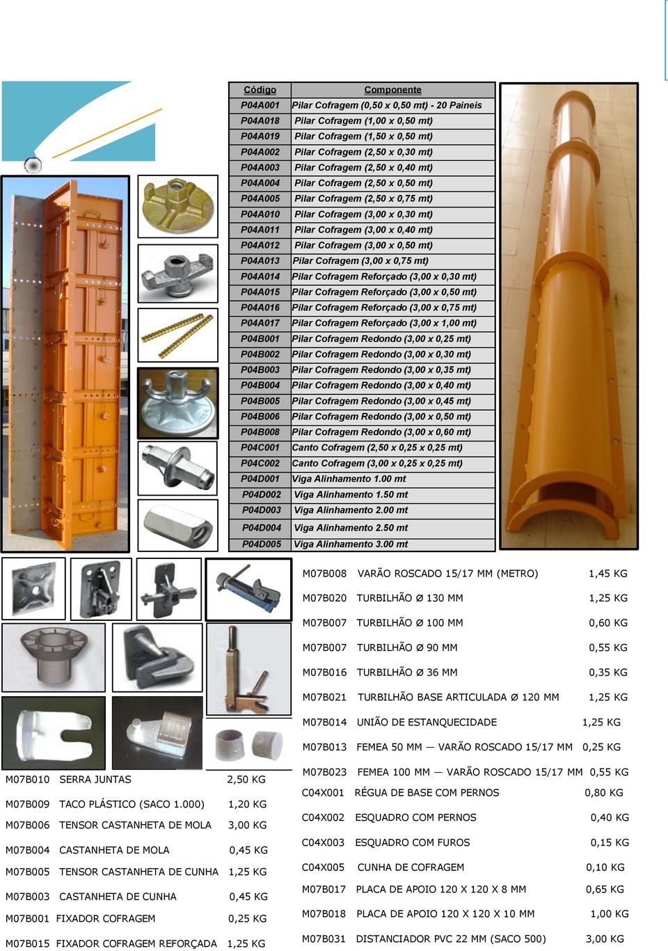 Cofragem (2,50 x 0,40 mt) Pilar Cofragem (2,50 x 0,50 mt) Pilar Cofragem (2,50 x 0,75 mt) Pilar Cofragem (3,00 x 0,30 mt) Pilar Cofragem (3,00 x 0,40 mt) Pilar Cofragem (3,00 x 0,50 mt) Pilar