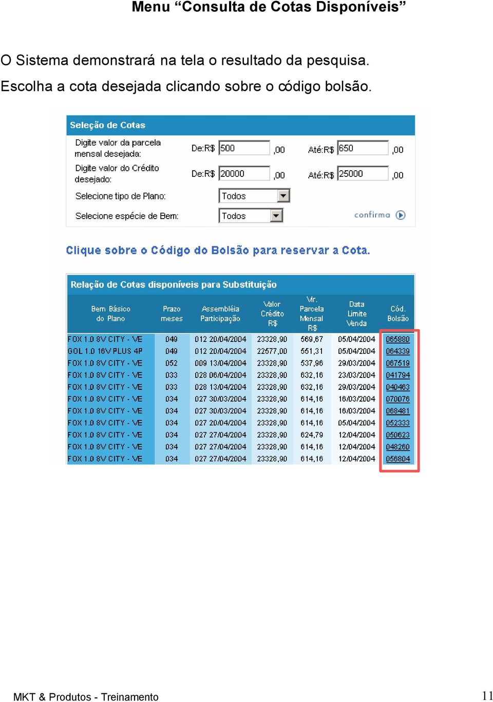 Escolha a cota desejada clicando sobre o