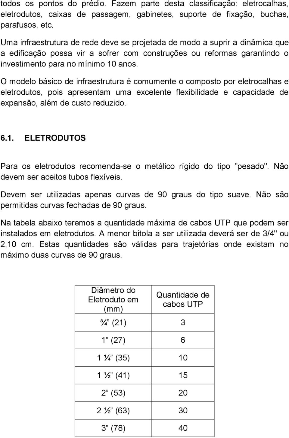 O modelo básico de infraestrutura é comumente o composto por eletrocalhas e eletrodutos, pois apresentam uma excelente flexibilidade e capacidade de expansão, além de custo reduzido. 6.1.