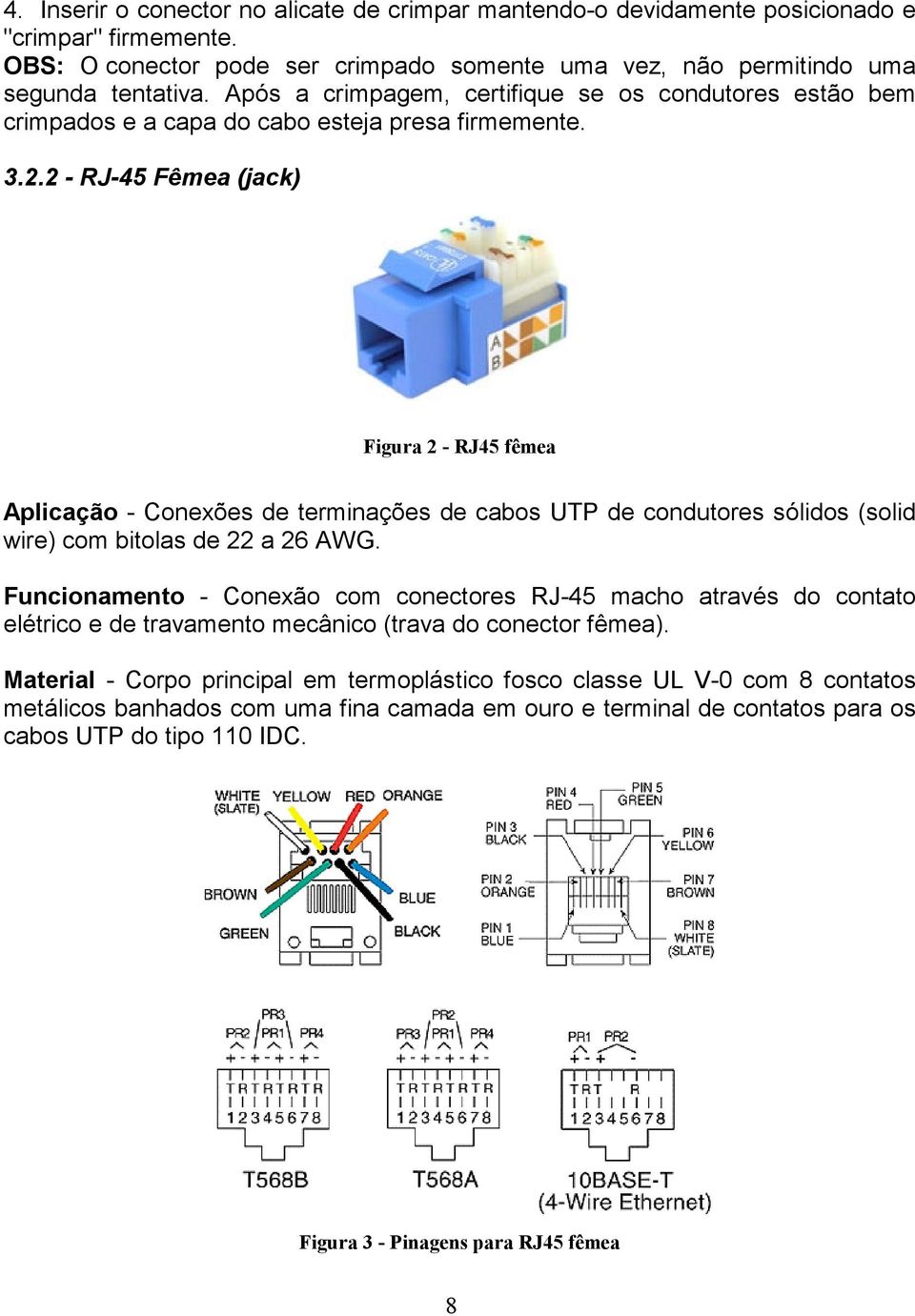 2 - RJ-45 Fêmea (jack) Figura 2 - RJ45 fêmea Aplicação - Conexões de terminações de cabos UTP de condutores sólidos (solid wire) com bitolas de 22 a 26 AWG.