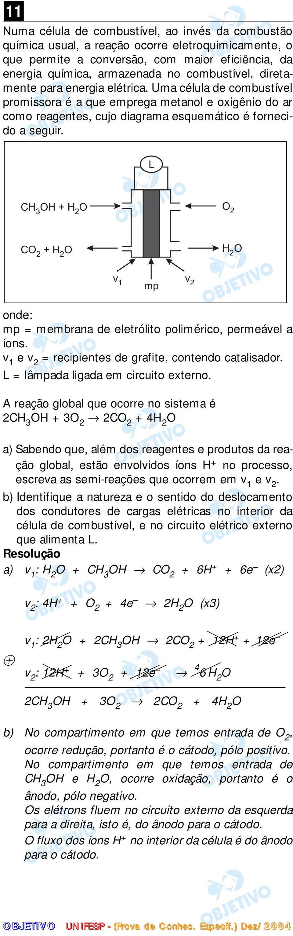 L CH OH + H O 3 2 O 2 CO + H O 2 2 HO 2 v 1 mp v 2 onde: mp = membrana de eletrólito polimérico, permeável a íons. v 1 e v 2 = recipientes de grafite, contendo catalisador.