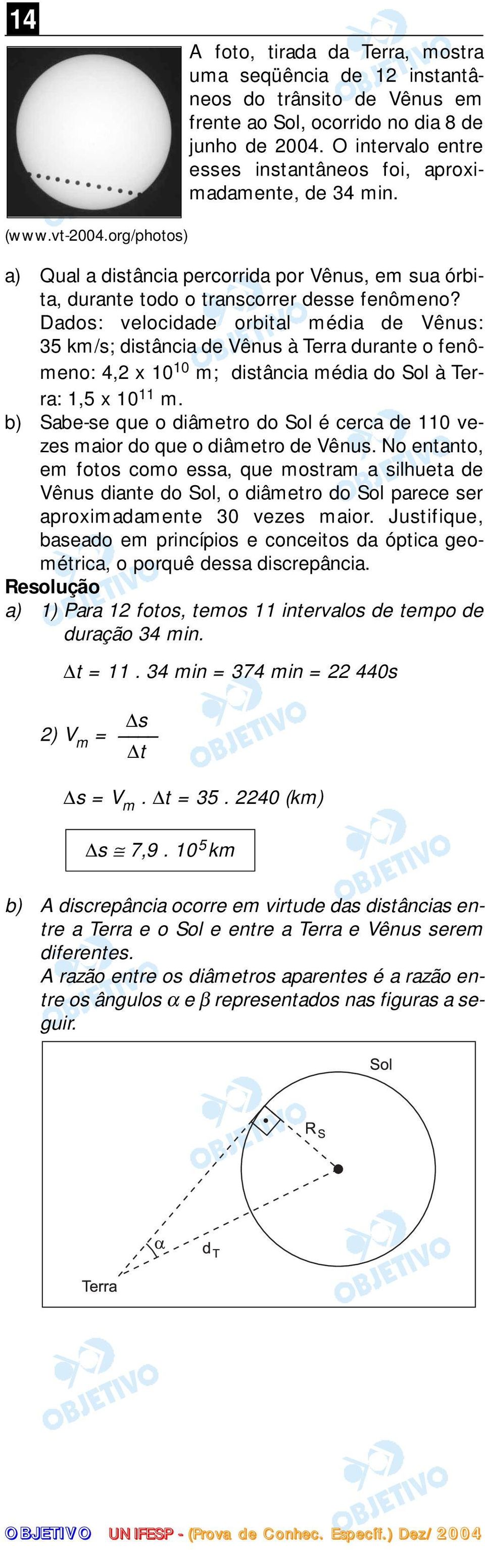 Dados: velocidade orbital média de Vênus: 35 km/s; distância de Vênus à Terra durante o fenômeno: 4,2 x 10 10 m; distância média do Sol à Terra: 1,5 x 10 11 m.