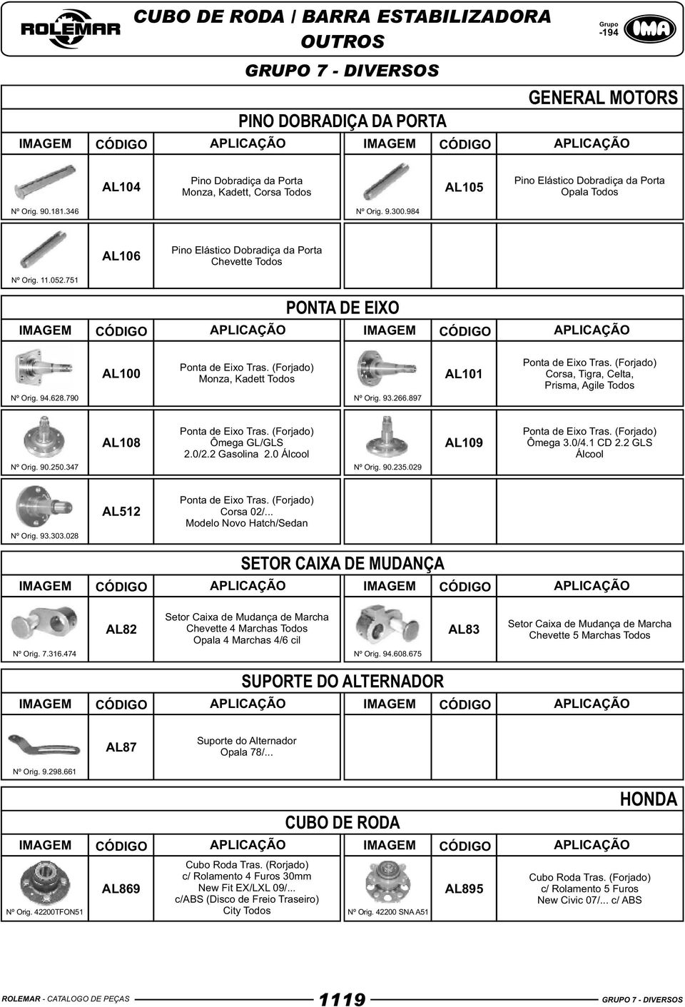 897 AL101 Corsa, Tigra, Celta, Prisma, Agile Todos Nº Orig. 90.250.347 AL108 Ômega GL/GLS 2.0/2.2 Gasolina 2.0 Álcool Nº Orig. 90.235.029 AL109 Ômega 3.0/4.1 CD 2.2 GLS Álcool Nº Orig. 93.303.