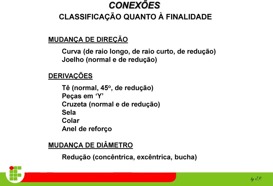 redução Tê (normal, 45 o, de Peças em Y ( redução Cruzeta (normal e de Sela