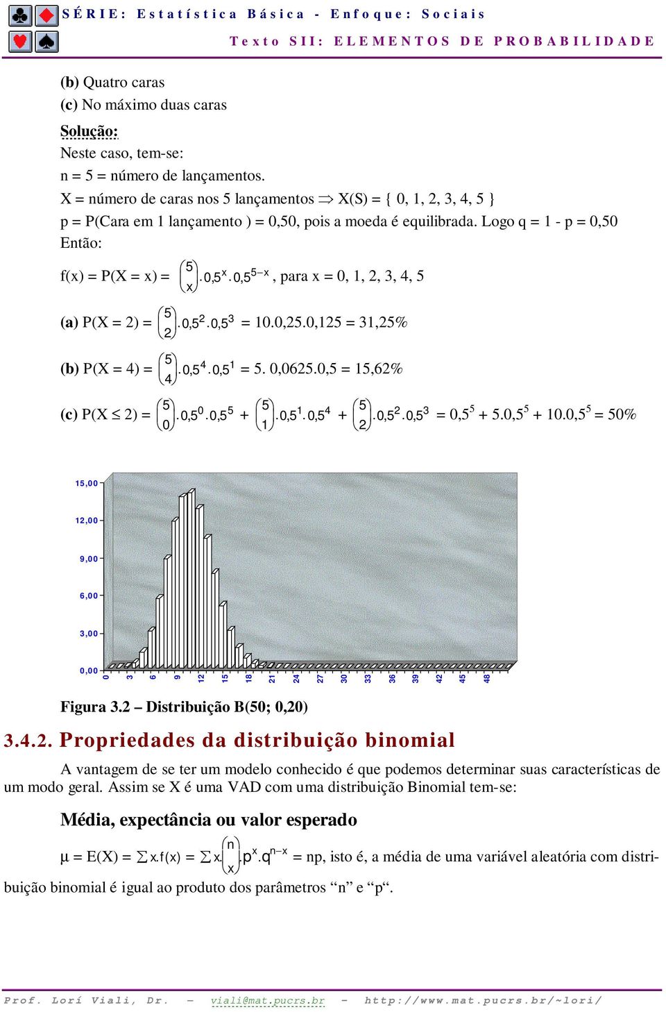 ,., = 10.0,25.0,125 = 31,25% 5 (b) P(X = 4) = 05 4 05 1 4.,., = 5. 0,0625.0,5 = 15,62% 5 (c) P(X 2) = 05 0 05 5 0.,., + 5 05 1 05 4 1 5.,., + 05 2 05 3 2.,., = 0,5 5 + 5.0,5 5 + 10.