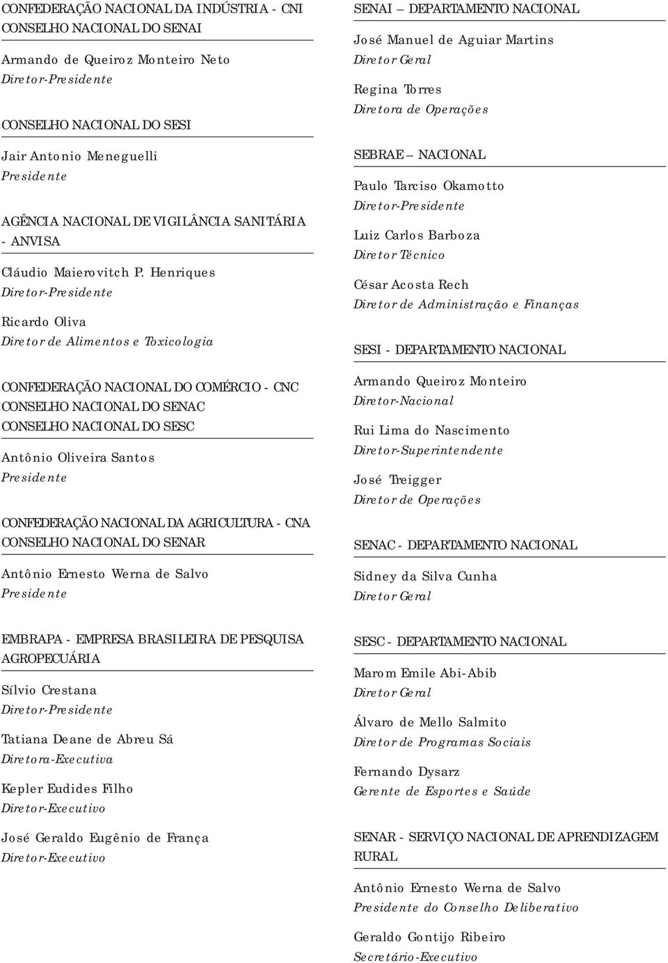 Henriques Diretor-Presidente Ricardo Oliva Diretor de Alimentos e Toxicologia CONFEDERAÇÃO NACIONAL DO COMÉRCIO - CNC CONSELHO NACIONAL DO SENAC CONSELHO NACIONAL DO SESC Antônio Oliveira Santos