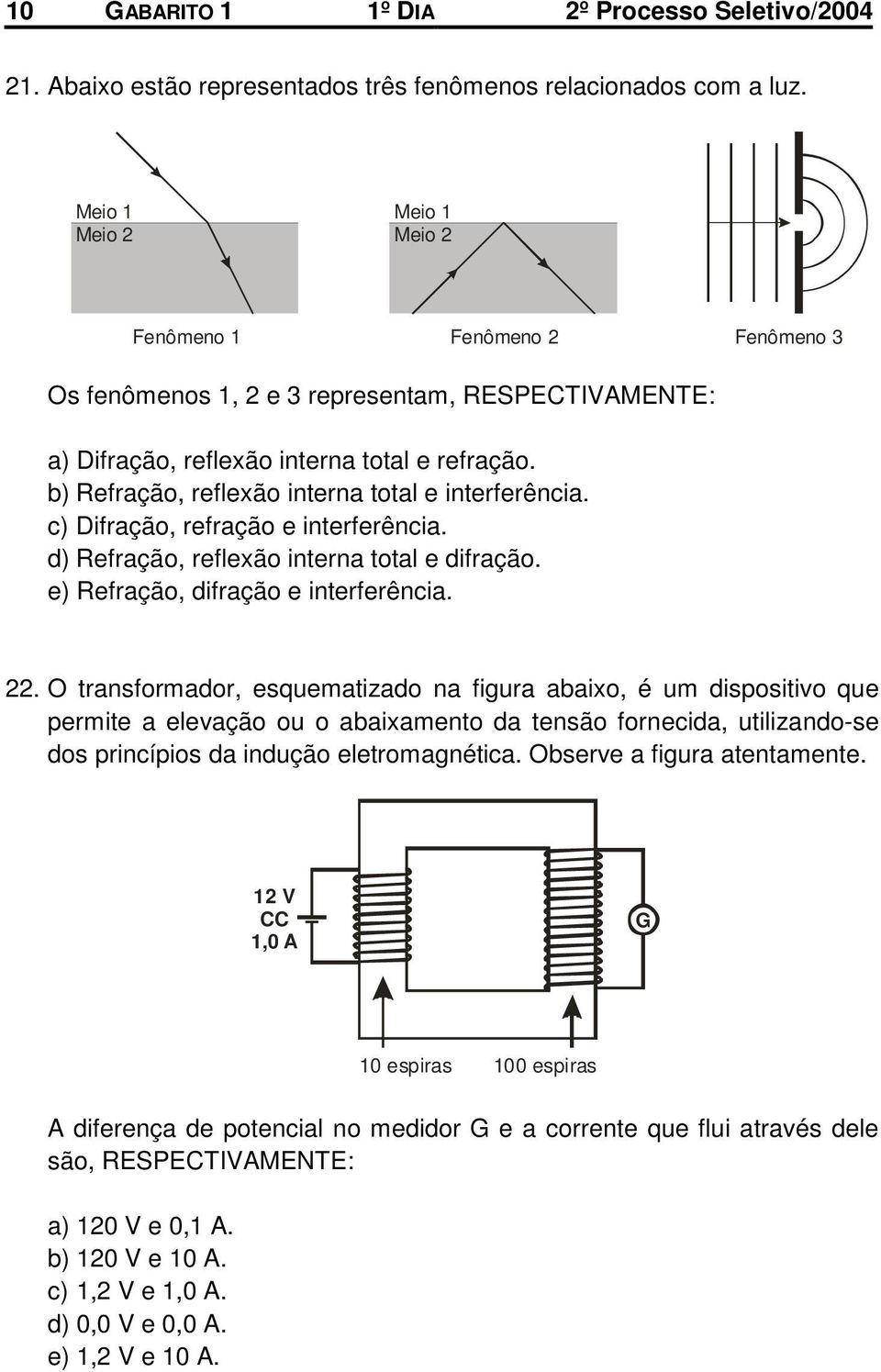 b) Refração, reflexão interna total e interferência. c) Difração, refração e interferência. d) Refração, reflexão interna total e difração. e) Refração, difração e interferência. 22.