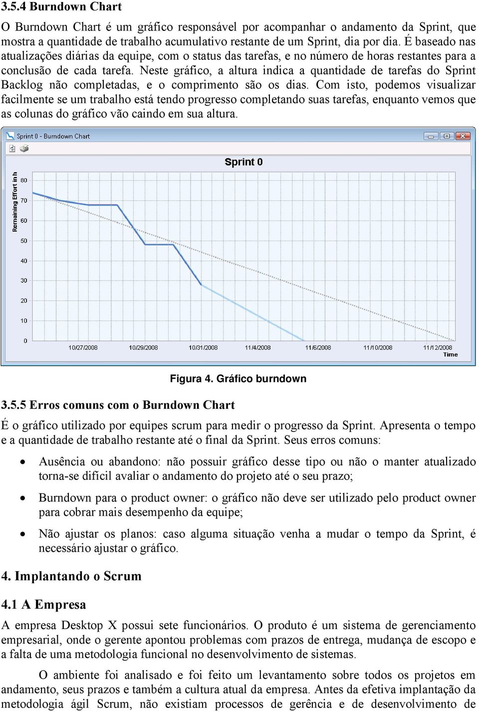 Neste gráfico, a altura indica a quantidade de tarefas do Sprint Backlog não completadas, e o comprimento são os dias.