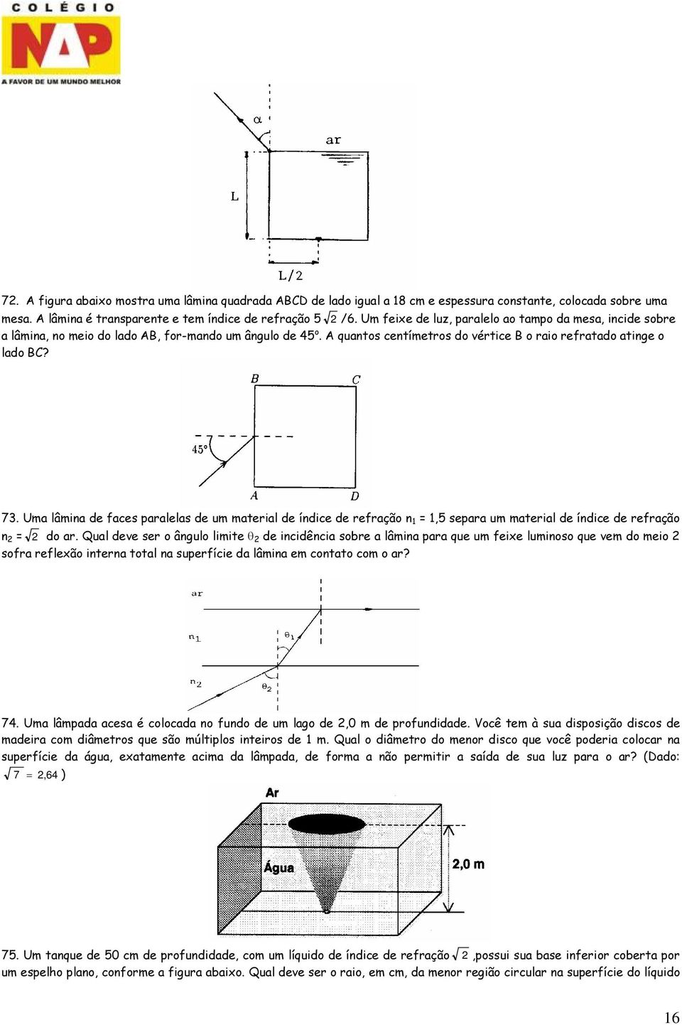 Uma lâmina de faces paralelas de um material de índice de refração n 1 = 1,5 separa um material de índice de refração n 2 = 2 do ar.