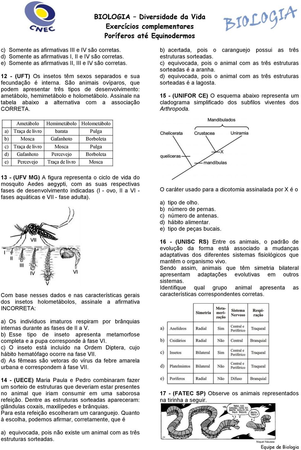 Assinale na tabela abaixo a alternativa com a associação CORRETA. b) acertada, pois o caranguejo possui as três estruturas sorteadas.