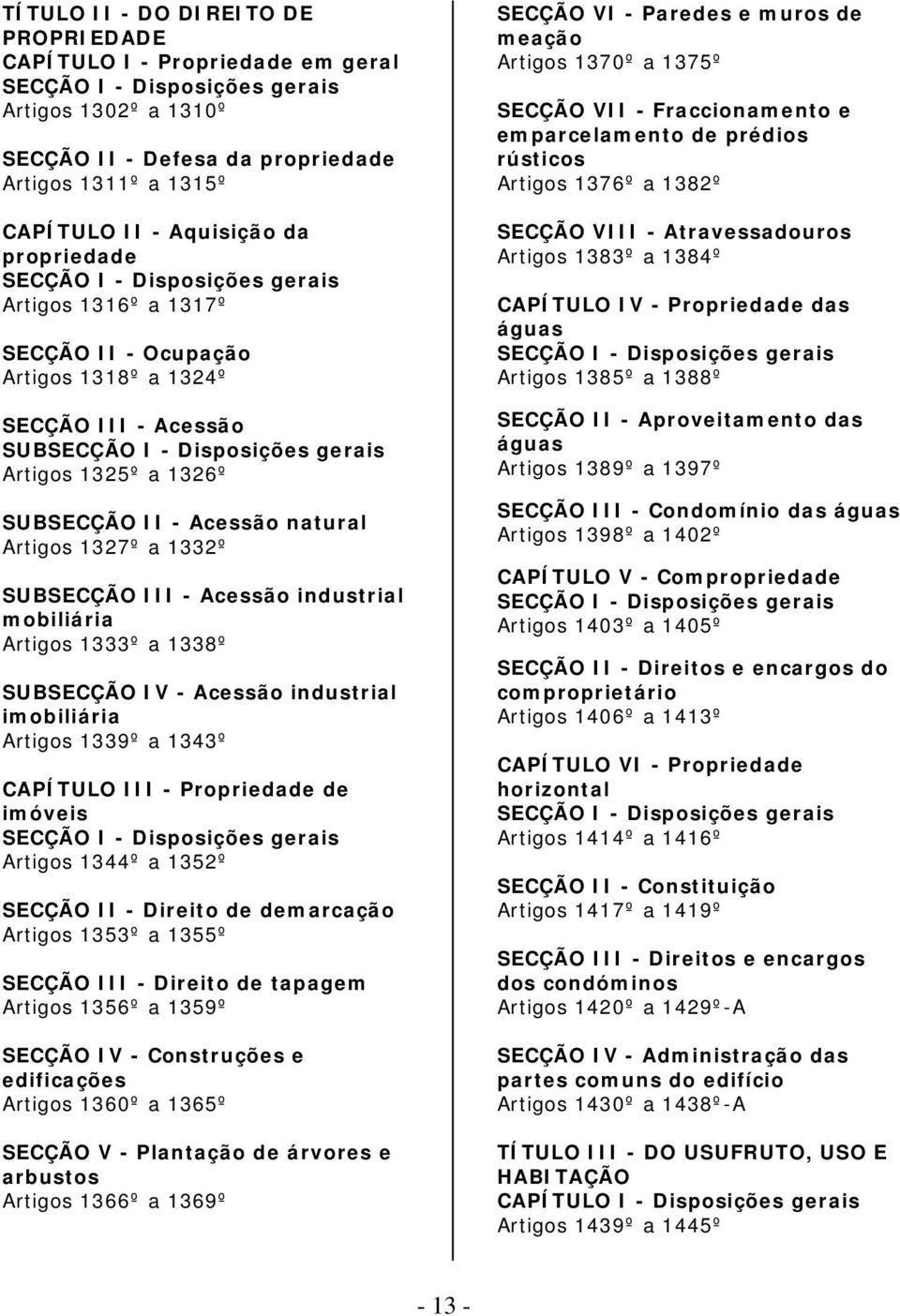 SUBSECÇÃO II - Acessão natural Artigos 1327º a 1332º SUBSECÇÃO III - Acessão industrial mobiliária Artigos 1333º a 1338º SUBSECÇÃO IV - Acessão industrial imobiliária Artigos 1339º a 1343º CAPÍTULO