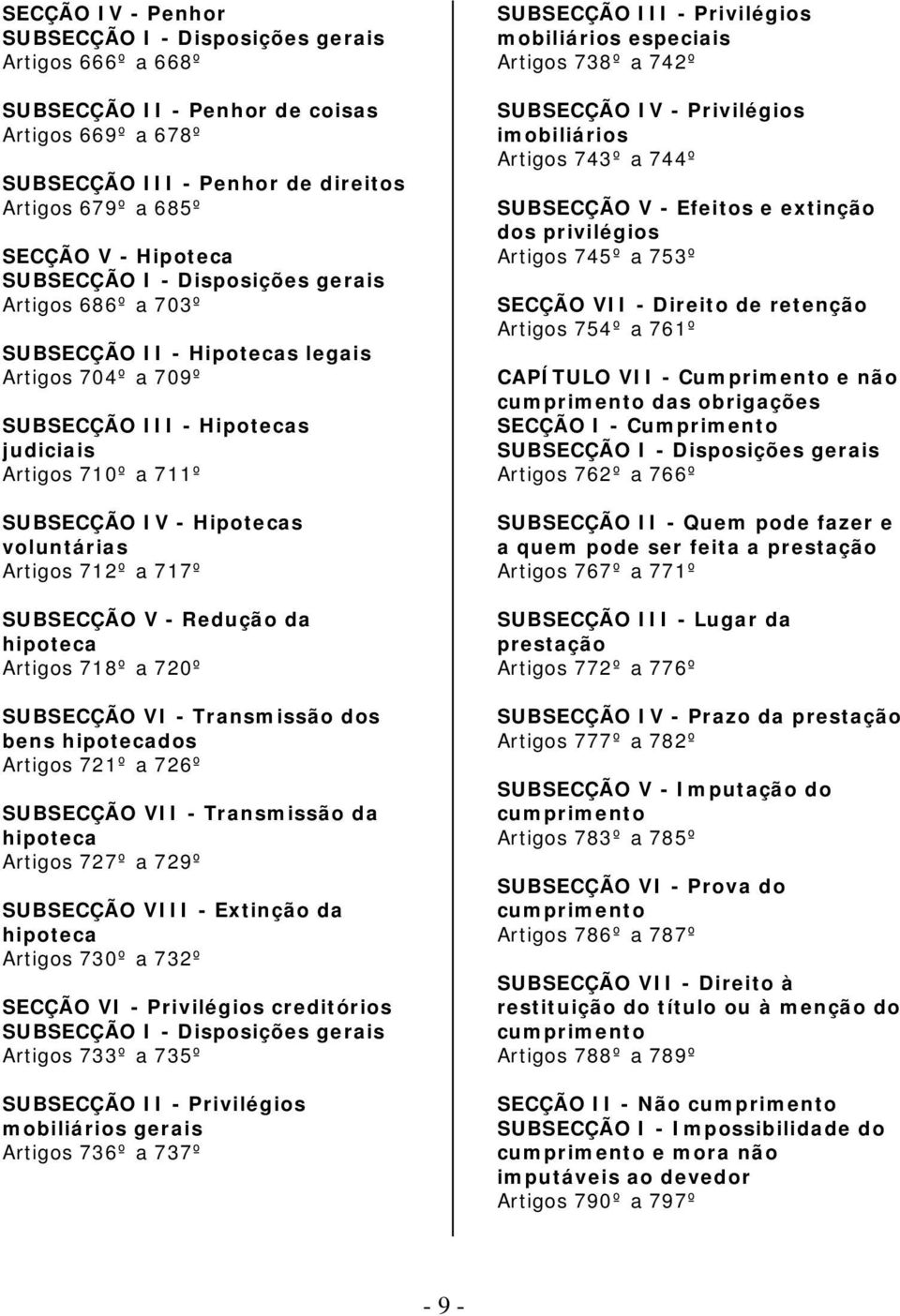 Artigos 712º a 717º SUBSECÇÃO V - Redução da hipoteca Artigos 718º a 720º SUBSECÇÃO VI - Transmissão dos bens hipotecados Artigos 721º a 726º SUBSECÇÃO VII - Transmissão da hipoteca Artigos 727º a