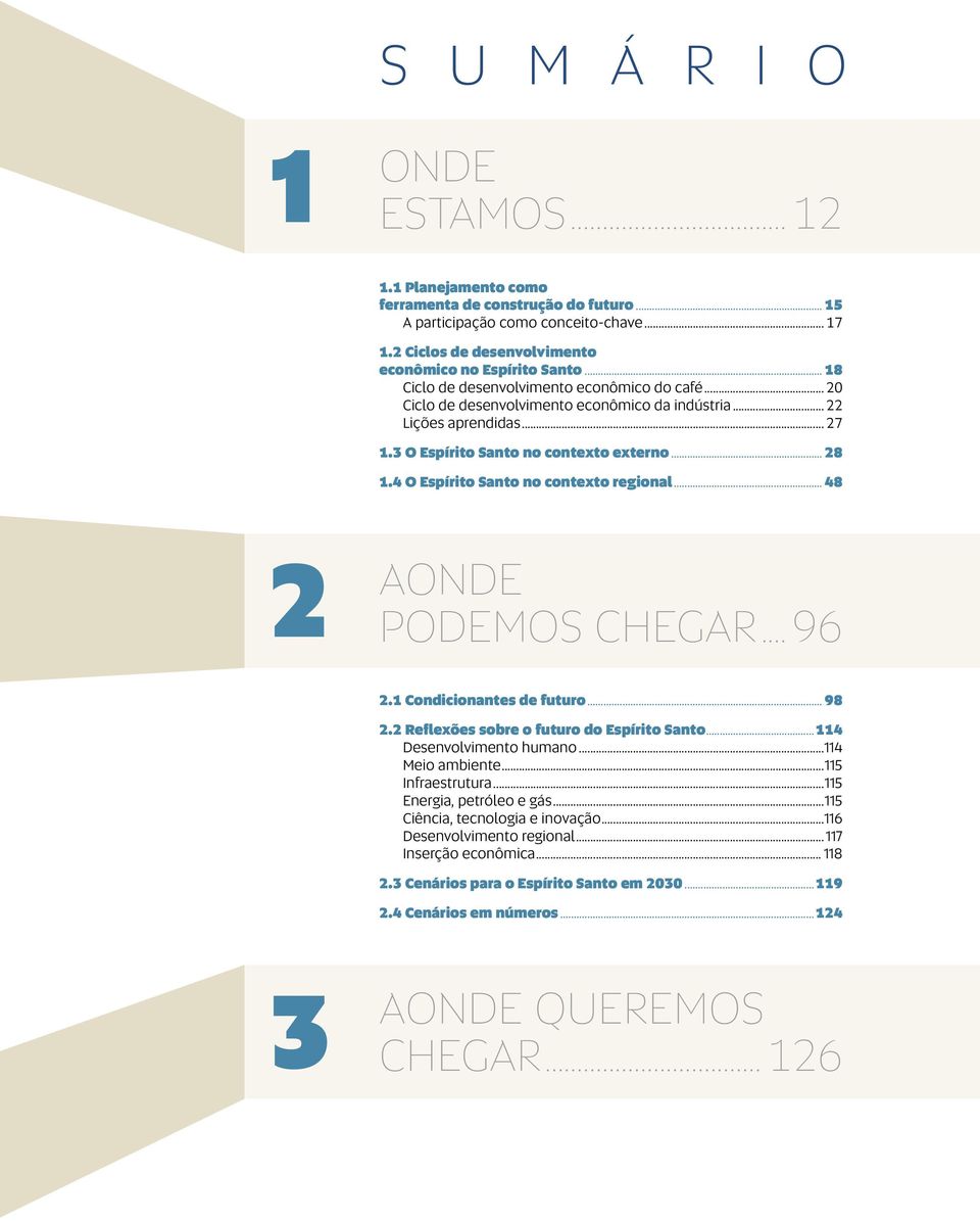 4 O Espírito Santo no contexto regional... 48 2 Aonde podemos chegar...96 2.1 Condicionantes de futuro... 98 2.2 Reflexões sobre o futuro do Espírito Santo...114 Desenvolvimento humano.