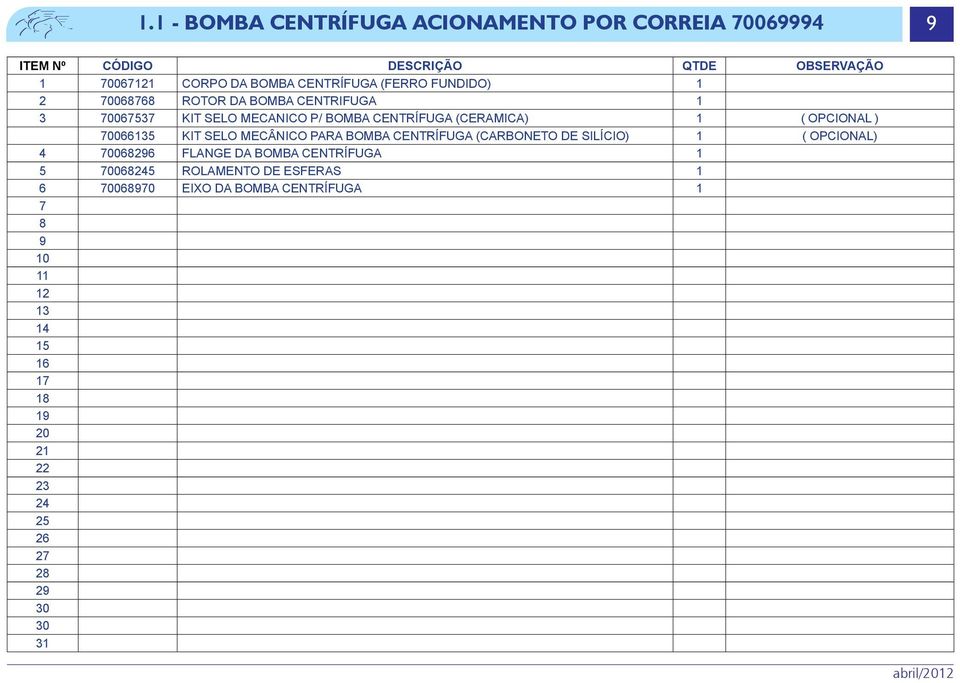 70066135 KIT SELO MECÂNICO PARA BOMBA CENTRíFUGA (CARBONETO DE SILíCIO) 1 ( OPCIONAL) 4 70068296 FLANGE da bomba centrífuga 1 5 70068245