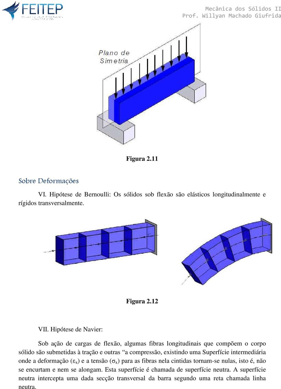 existindo uma Superfície intermediária onde a deformação (ε x ) e a tensão (σ x ) para as fibras nela cintidas tornam-se nulas, isto é, não se encurtam e nem