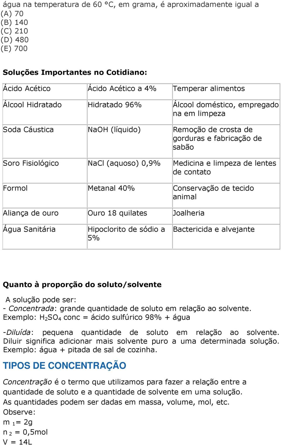 limpeza de lentes de contato Formol Metanal 40% Conservação de tecido animal Aliança de ouro Ouro 18 quilates Joalheria Água Sanitária Hipoclorito de sódio a 5% Bactericida e alvejante Quanto à