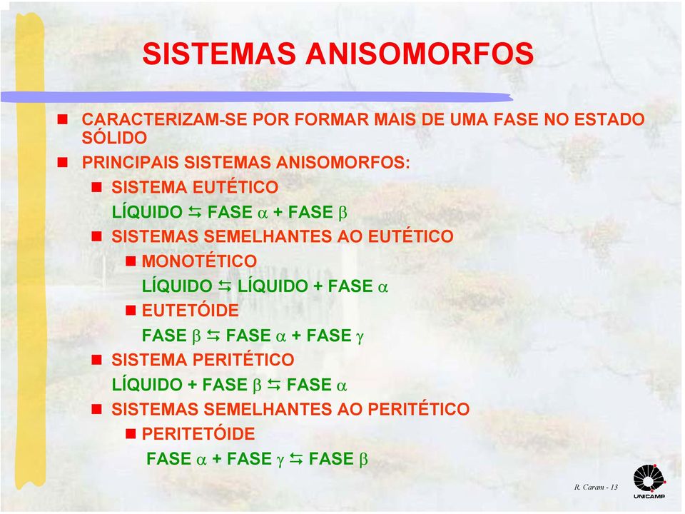 MONOTÉTICO LÍQUIDO LÍQUIDO + FASE α EUTETÓIDE FASE β FASE α + FASE γ SISTEMA PERITÉTICO LÍQUIDO