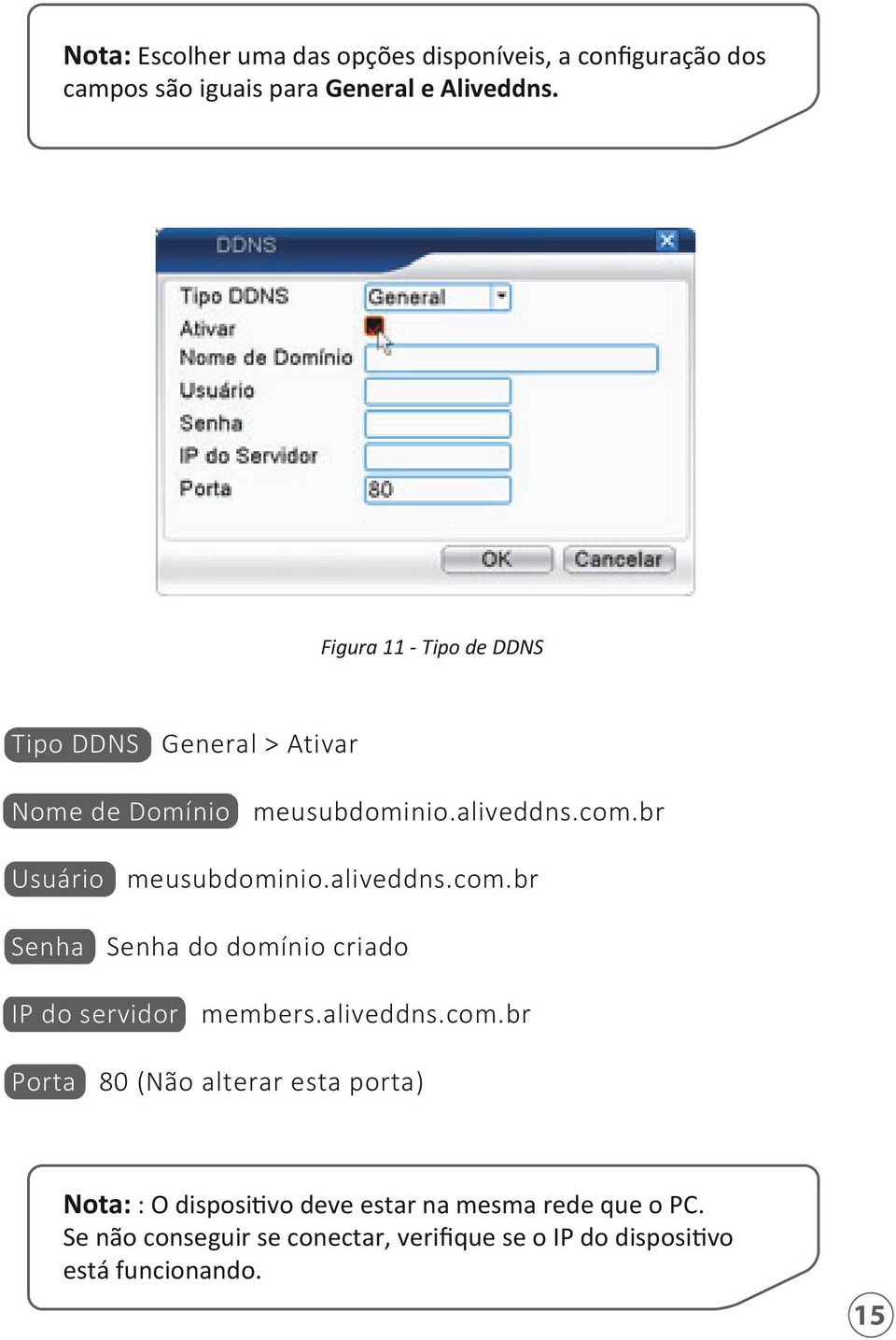 aliveddns.com.br Senha Senha do domínio criado IP do servidor members.aliveddns.com.br Porta 80 (Não alterar esta porta) Nota: : O dispositivo deve estar na mesma rede que o PC.