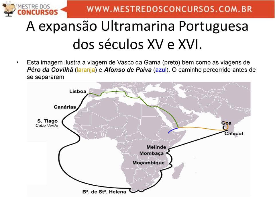 bem como as viagens de Pêro da Covilhã (laranja) e