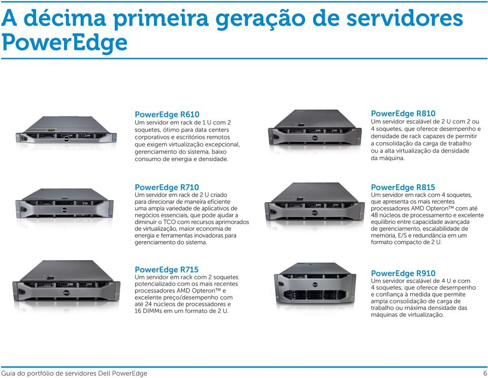 PowerEdge R810 Um servidor escalável de 2 U com 2 ou 4 soquetes, que oferece desempenho e densidade de rack capazes de permitir a consolidação da carga de trabalho ou a alta virtualização da