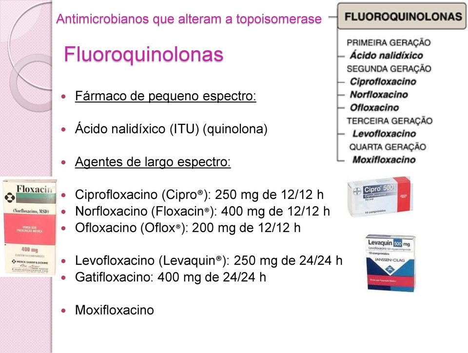 mg de 12/12 h Norfloxacino (Floxacin ): 400 mg de 12/12 h Ofloxacino (Oflox ): 200 mg de