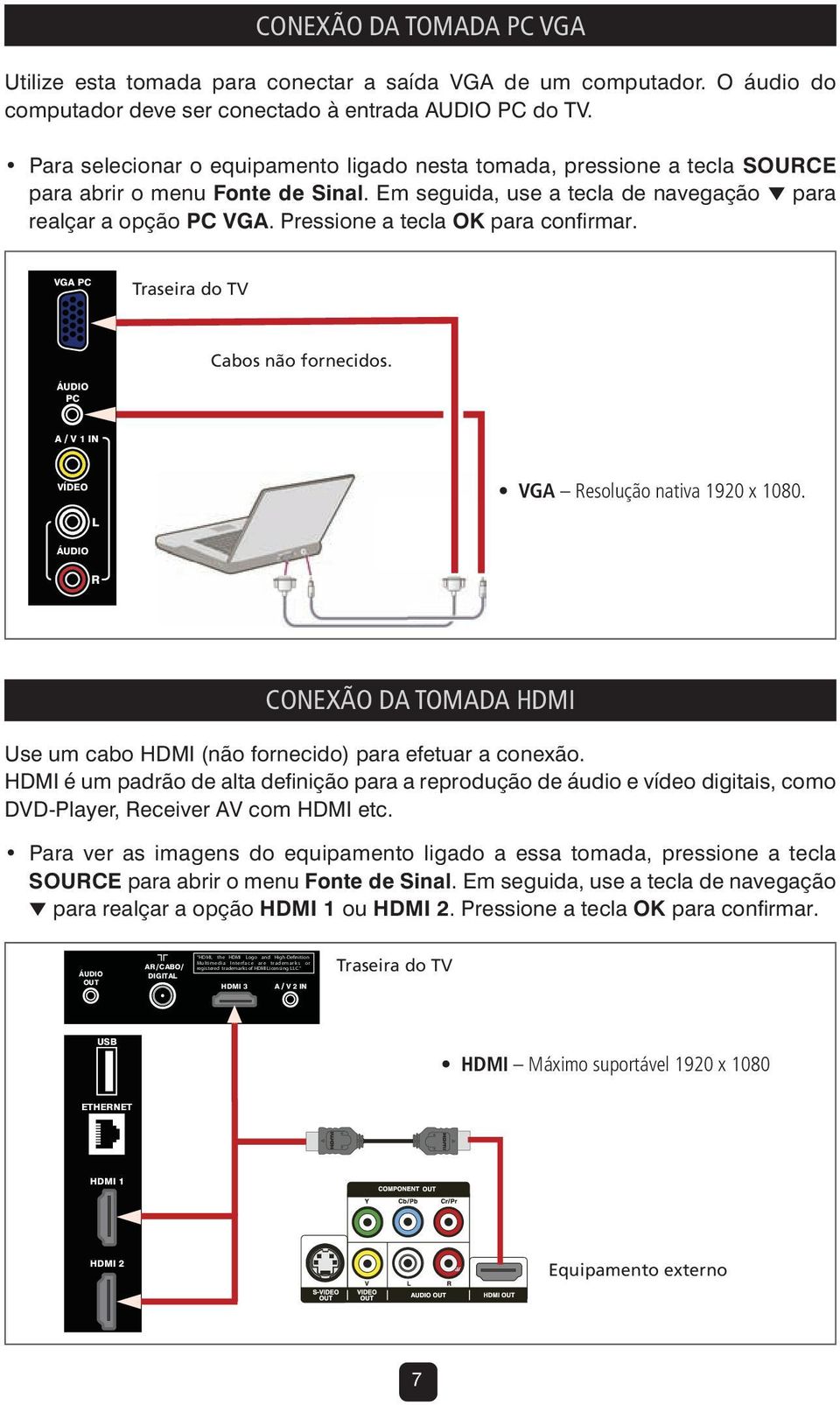 Pressione a tecla OK para confirmar. VGA PC Traseira do TV Cabos não fornecidos. ÁUDIO PC A /V1IN VÍDEO VGA Resolução nativa 1920 x 1080.