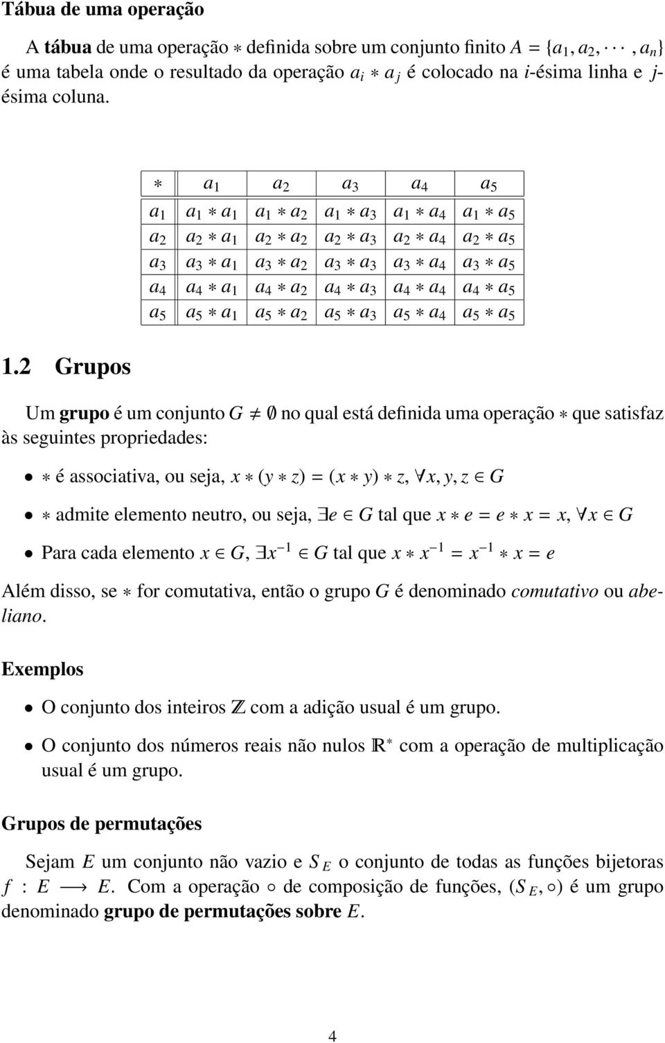 a 4 a 5 a 5 a 5 a 1 a 5 a 2 a 5 a 3 a 5 a 4 a 5 a 5 Um grupo é um conjunto G no qual está definida uma operação que satisfaz às seguintes propriedades: é associativa, ou seja, x (y z) = (x y) z, x,
