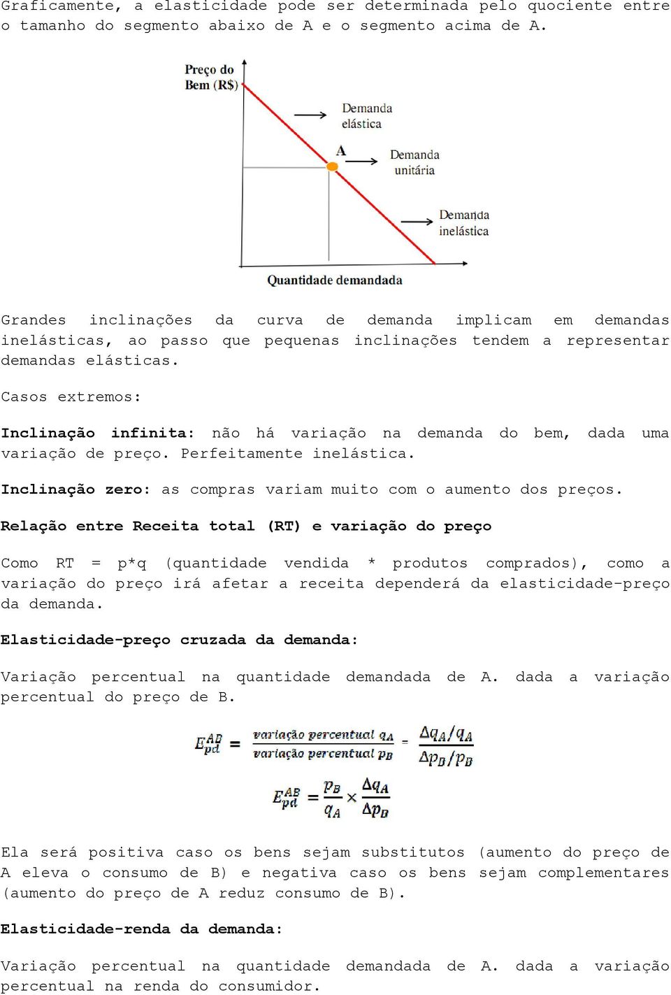 Casos extremos: Inclinação infinita: não há variação na demanda do bem, dada uma variação de preço. Perfeitamente inelástica. Inclinação zero: as compras variam muito com o aumento dos preços.