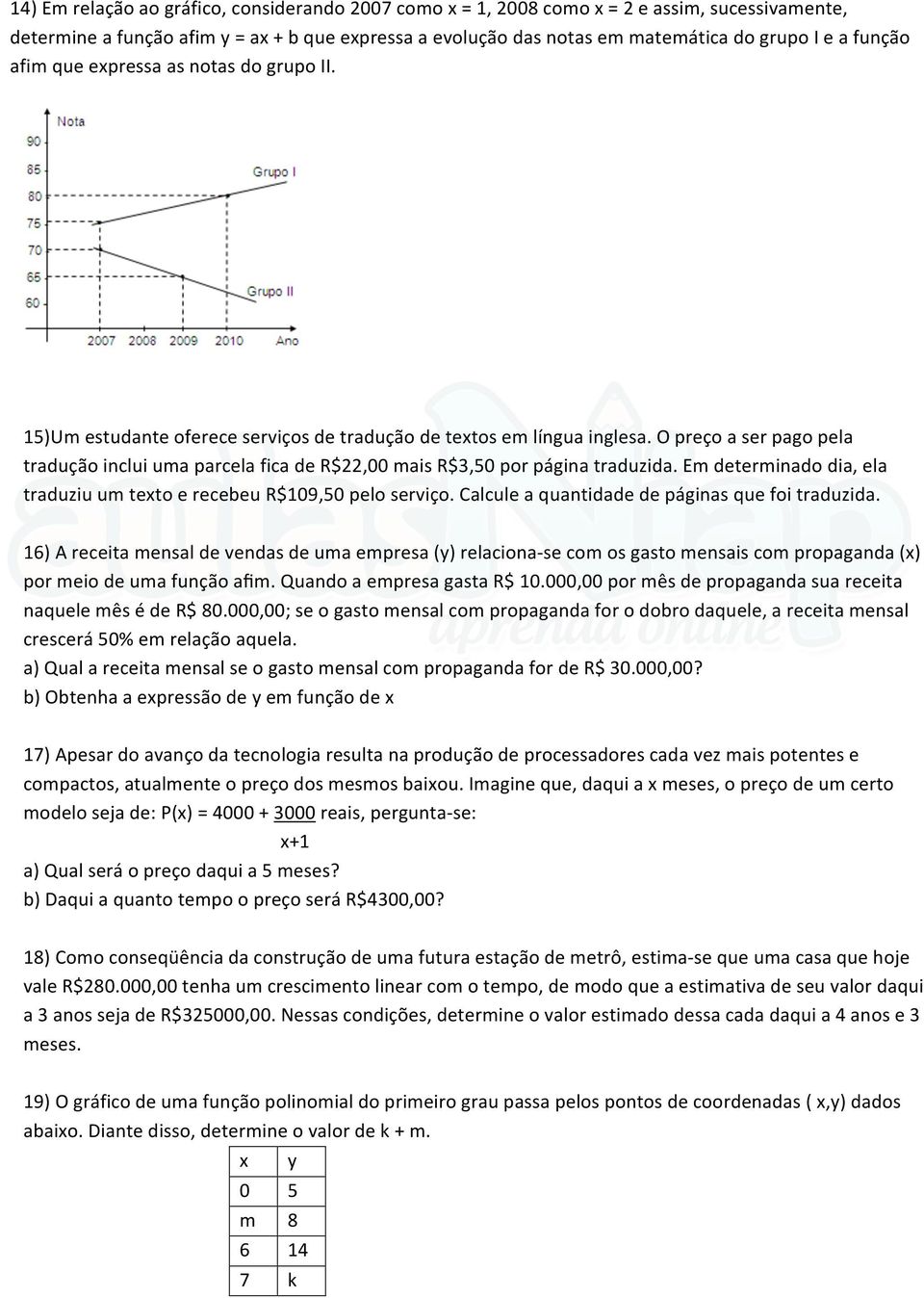 O preço a ser pago pela tradução inclui uma parcela fica de R$22,00 mais R$3,50 por página traduzida. Em determinado dia, ela traduziu um texto e recebeu R$109,50 pelo serviço.